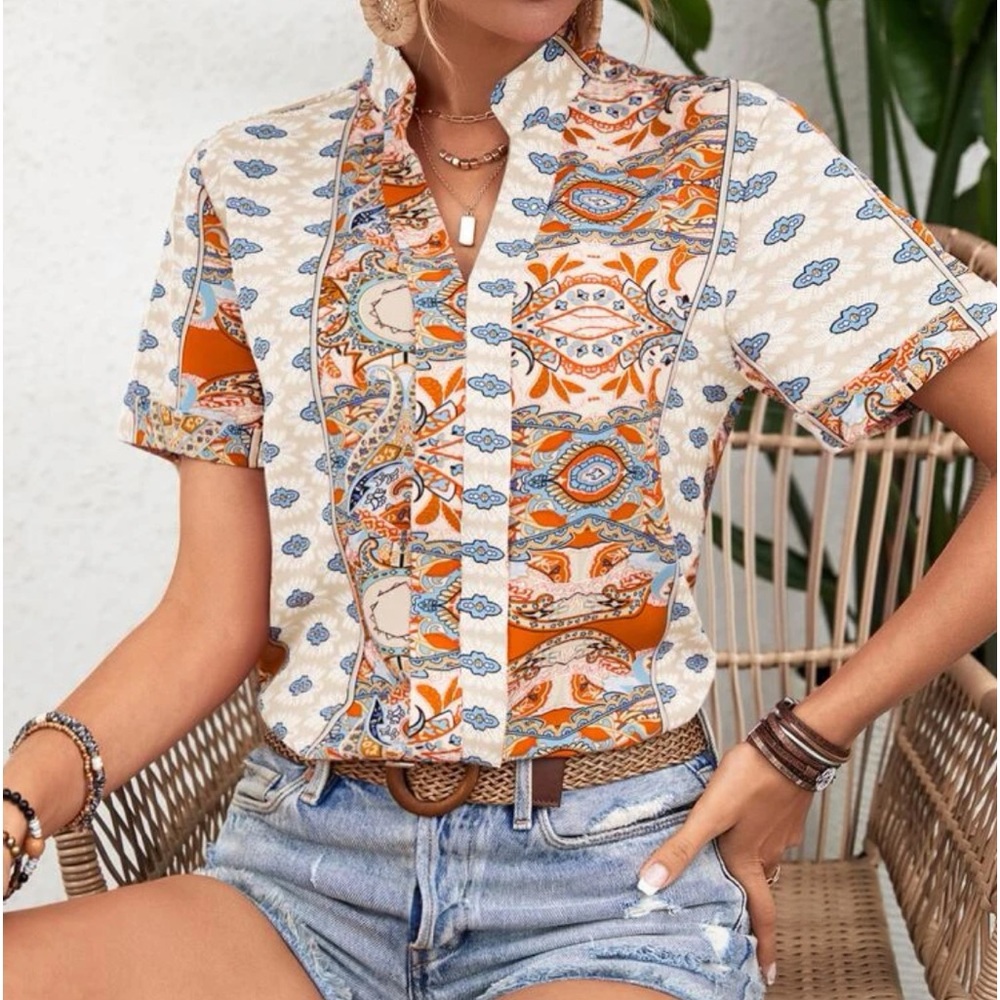 Boho Floral Paisley Print Top Blouse Shirt Green - Picture 10 of 16
